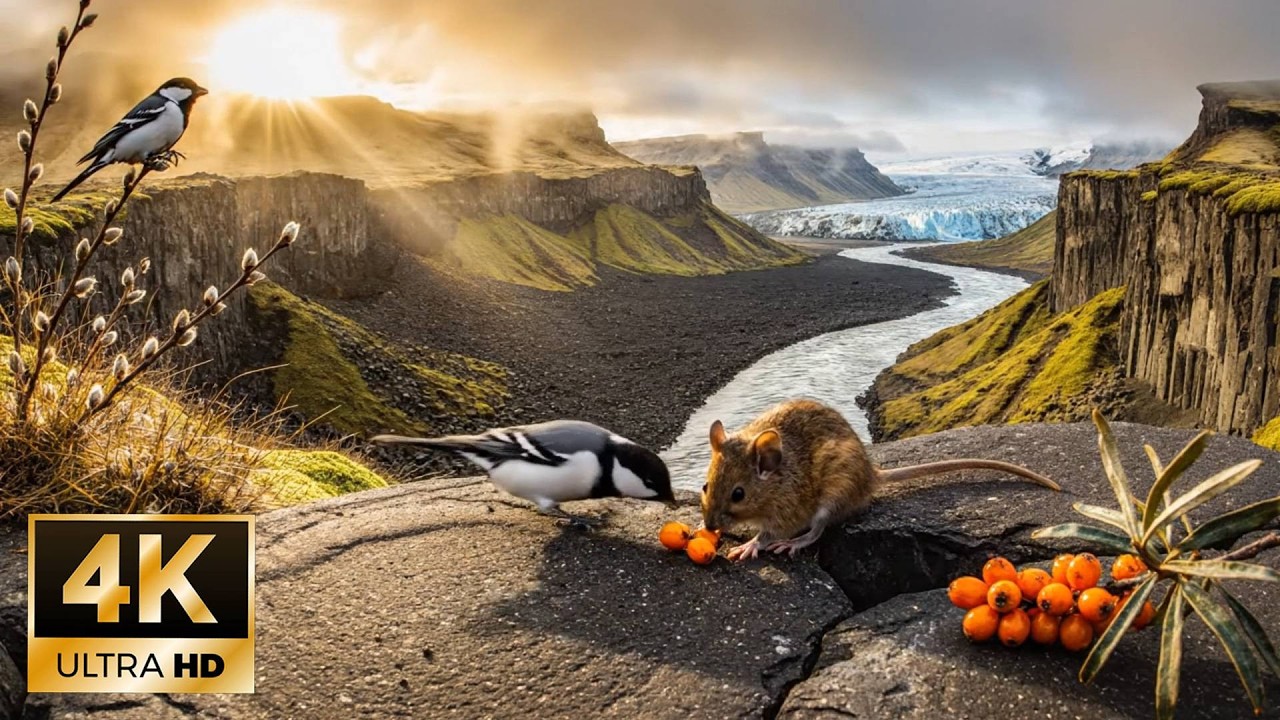 Small Birds and Mice foraging by Icelandic Glacier 4K HDR 4K Ultra HD