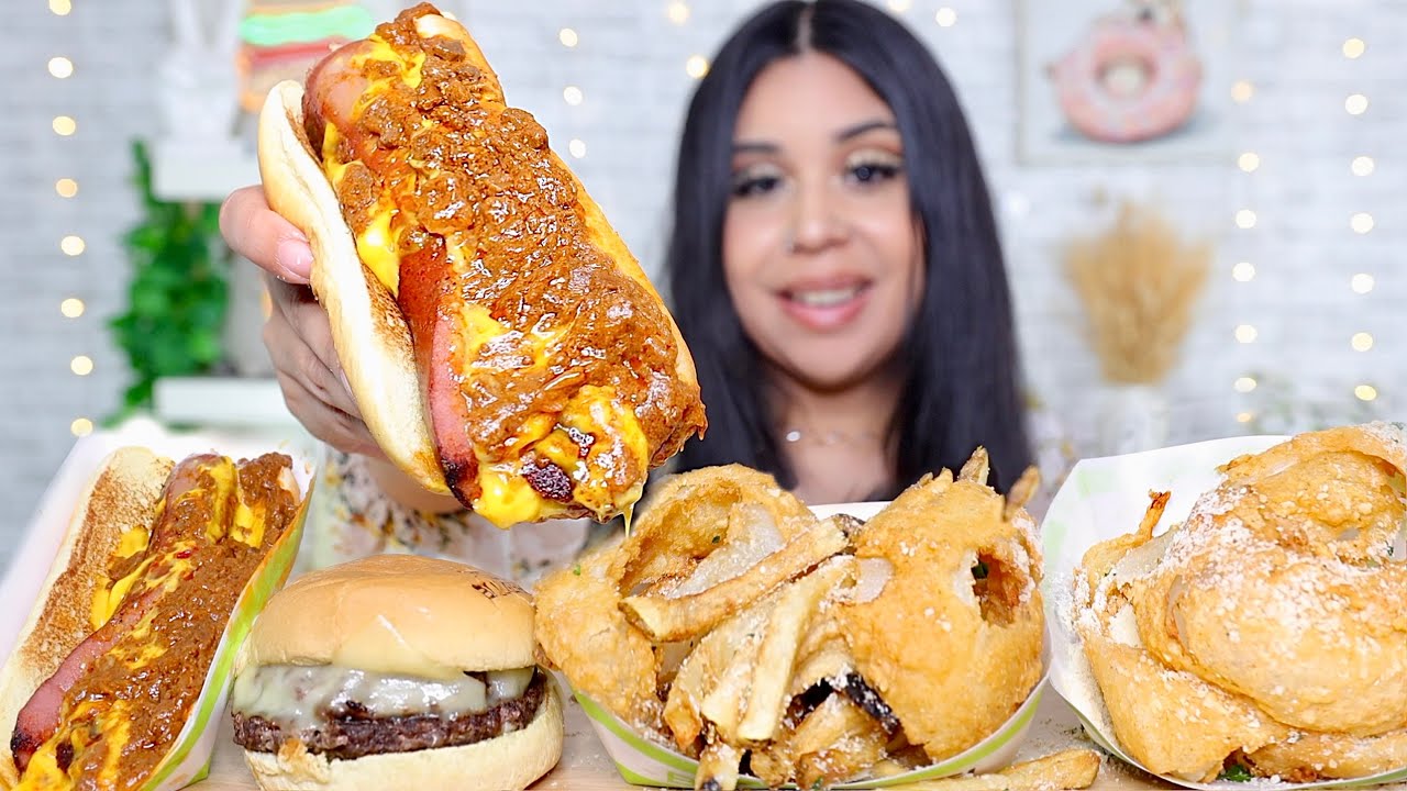ASMR MUKBANG BURGERFI TEXAS STYLE HOT DOG, ONION RINGS, CEO BURGER,  EATING SOUNDS (no talking)