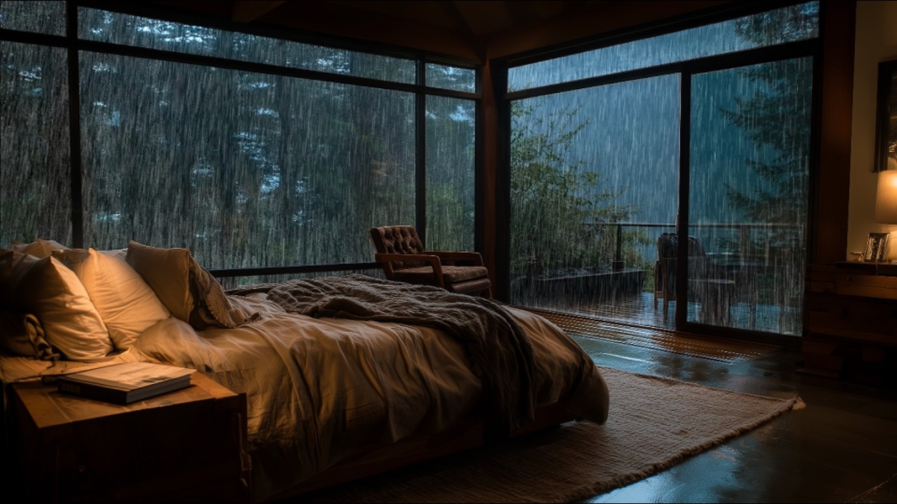 Сильный дождь на угловом окне 🌧️ Уютная спальня с тёплой лампой для чтения и глубокого сна