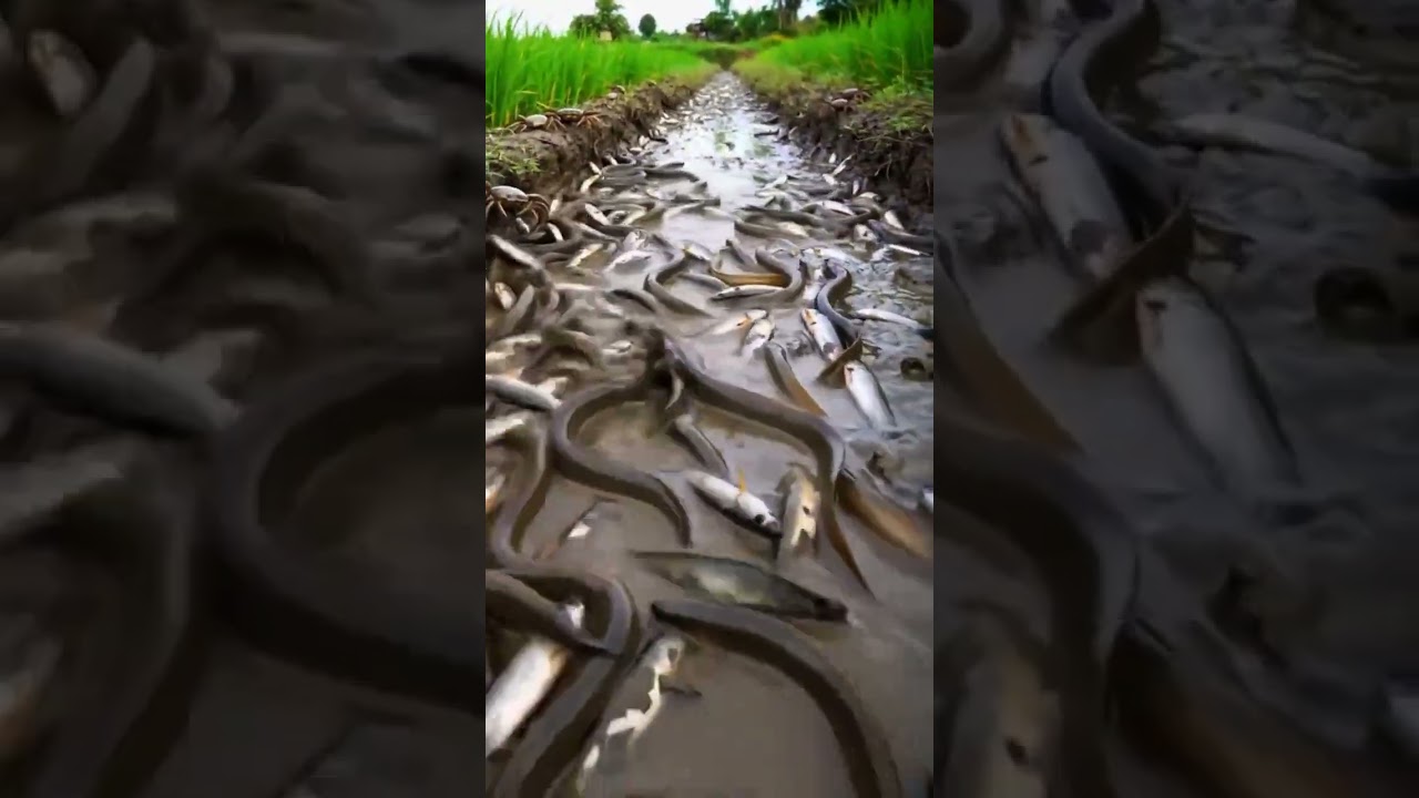 Amazing peaceful rice field full of fish. #survival #nature #fishing #trending #fyp #primitiveplus