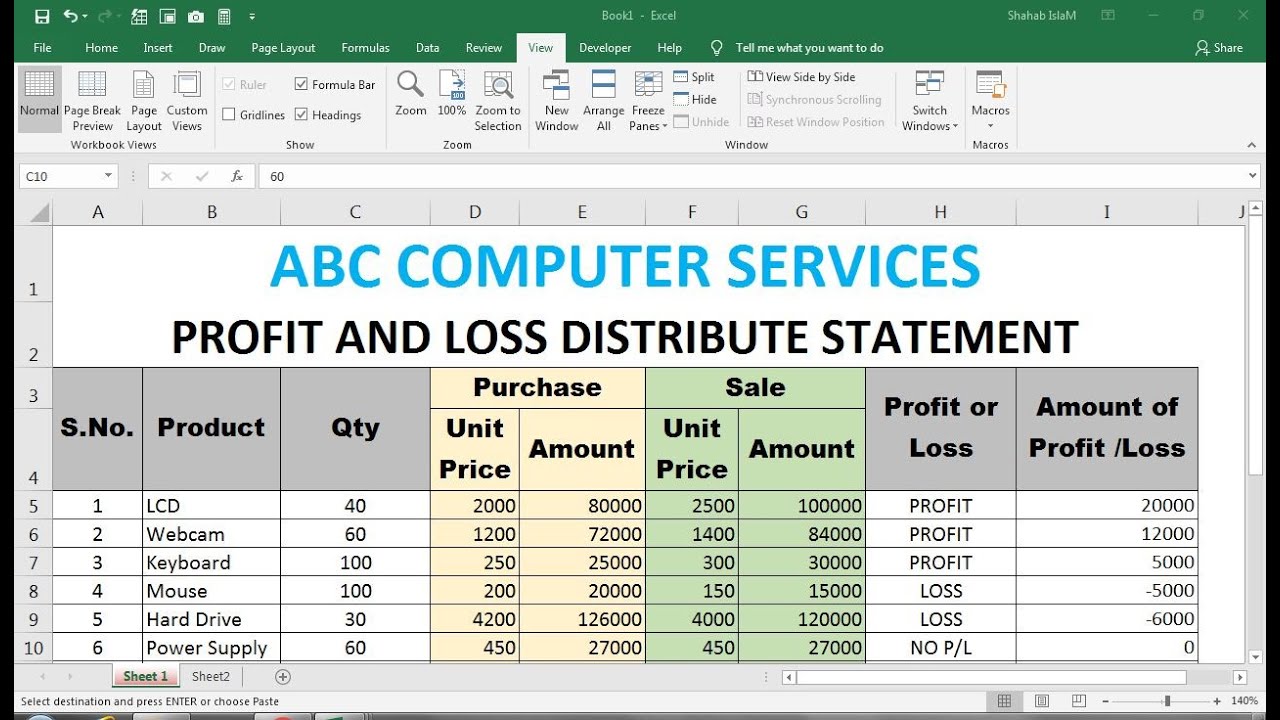 how to make profit and loss account Statement sheet in excel