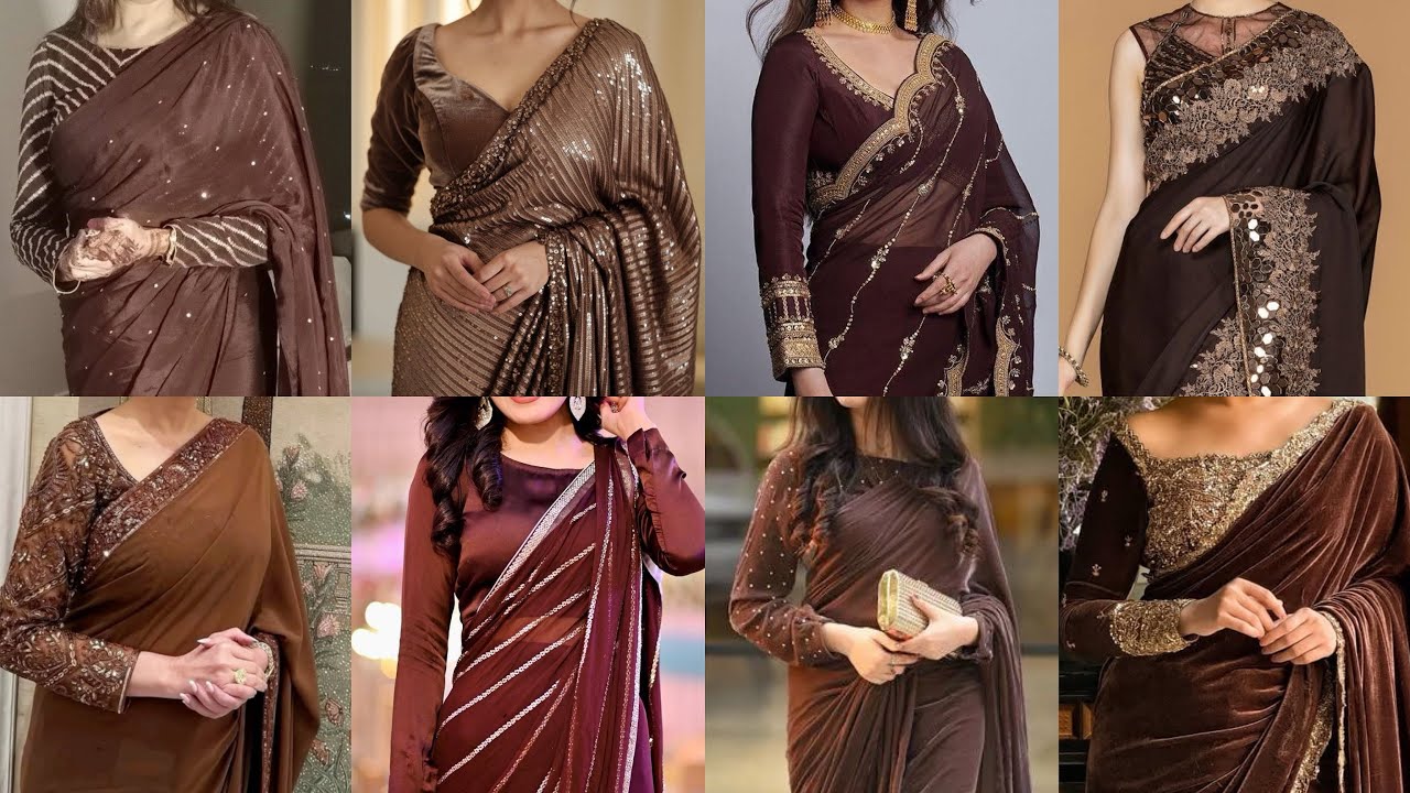 Trending Saree Blouse Colour 2025 | Brown Color Saree Blouse Designs | New Brown Saree Collection
