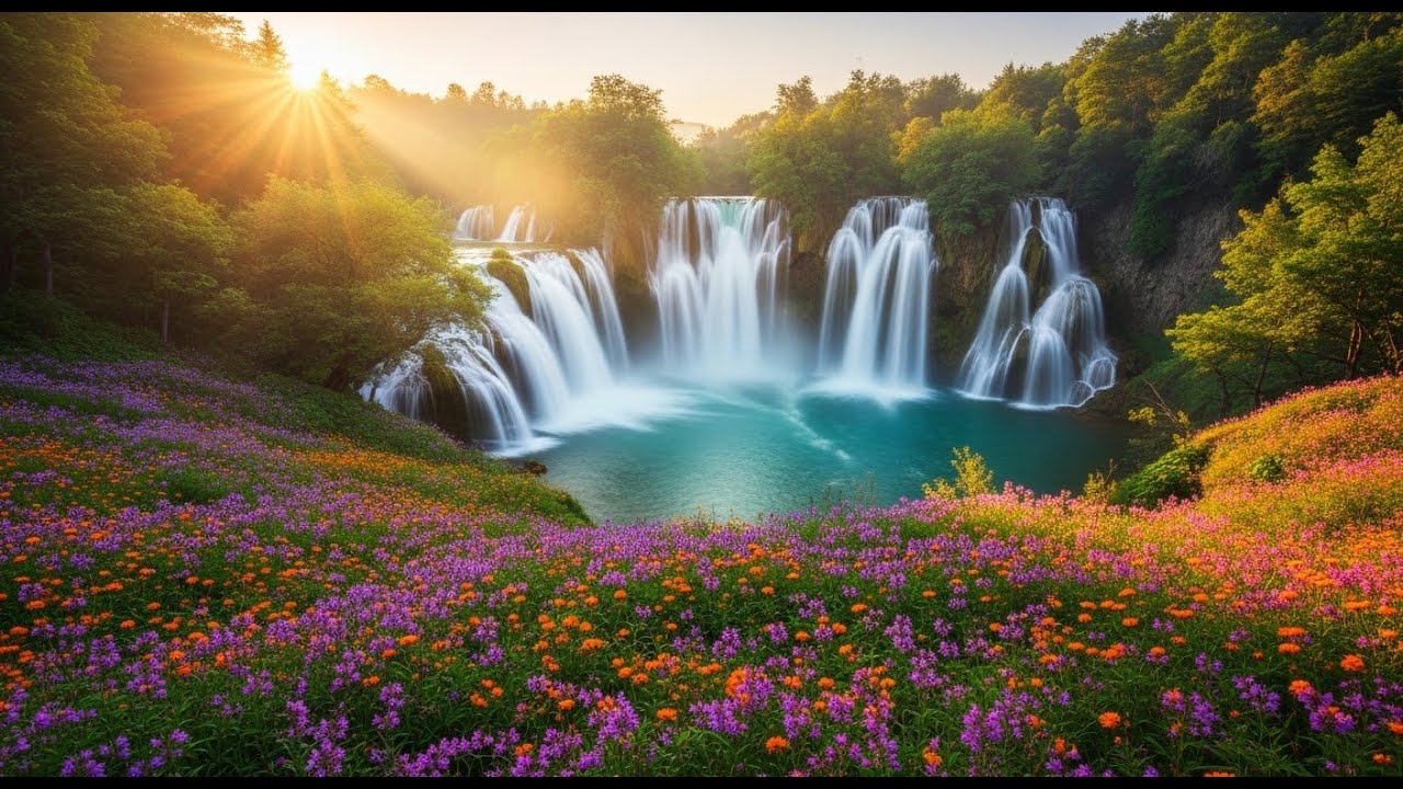 Relaxing Sunrise Waterfalls - Peaceful Wildflower Valley - 4K For Morning Peace & Positive Energy