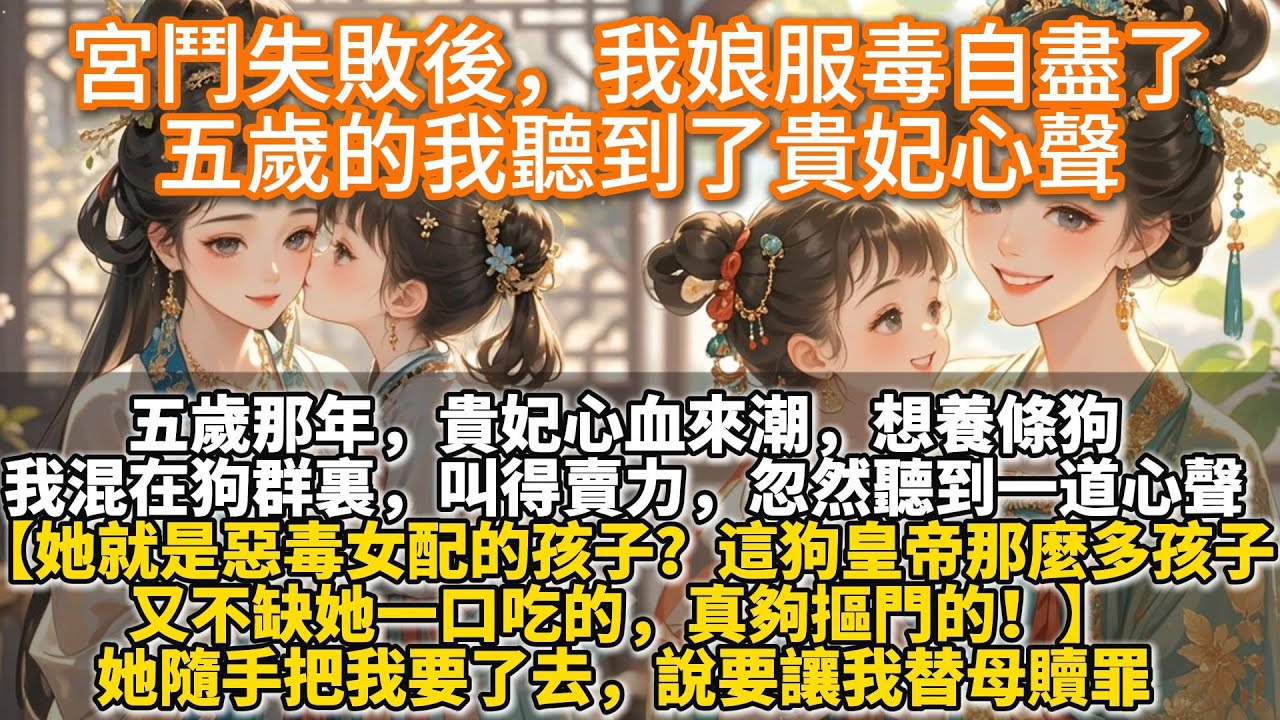 完結溫馨救贖大女主文：宮鬥失敗後，我娘服毒自盡了，五歲，貴妃心血來潮，想養條狗。我混在狗群裏，叫得賣力，忽然聽到一道心聲。【她就是惡毒女配的孩子？這狗皇帝生了那麼多孩子，又不缺她一口吃的，真夠摳門的】