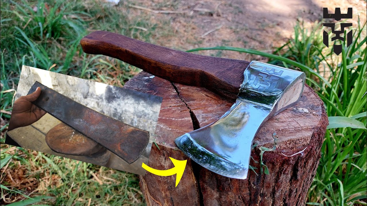 forging a beautiful out of rusted leave spring صناعة فأس جميل من قطعة حديد صدأة