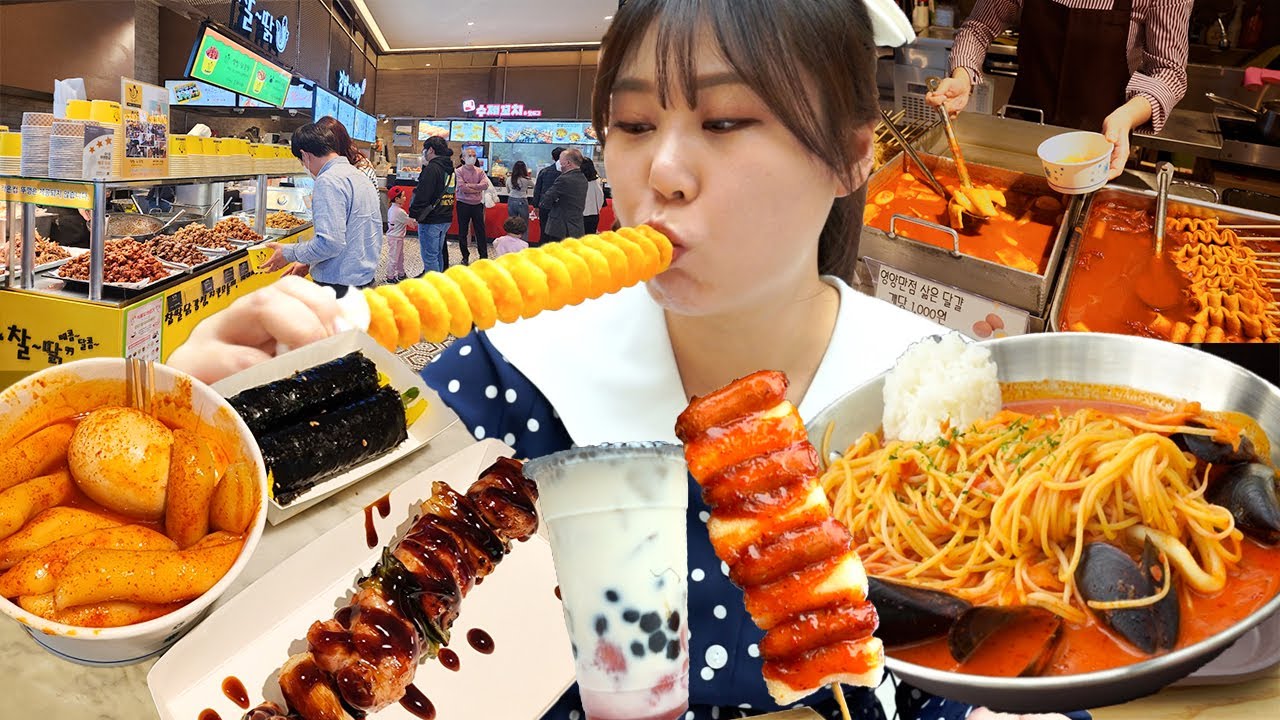 Уличная еда Мукбанг в зоне отдыха Sky🍝Теобокки, Кимбап, Курица на вертеле, Спагетти, Десерт.