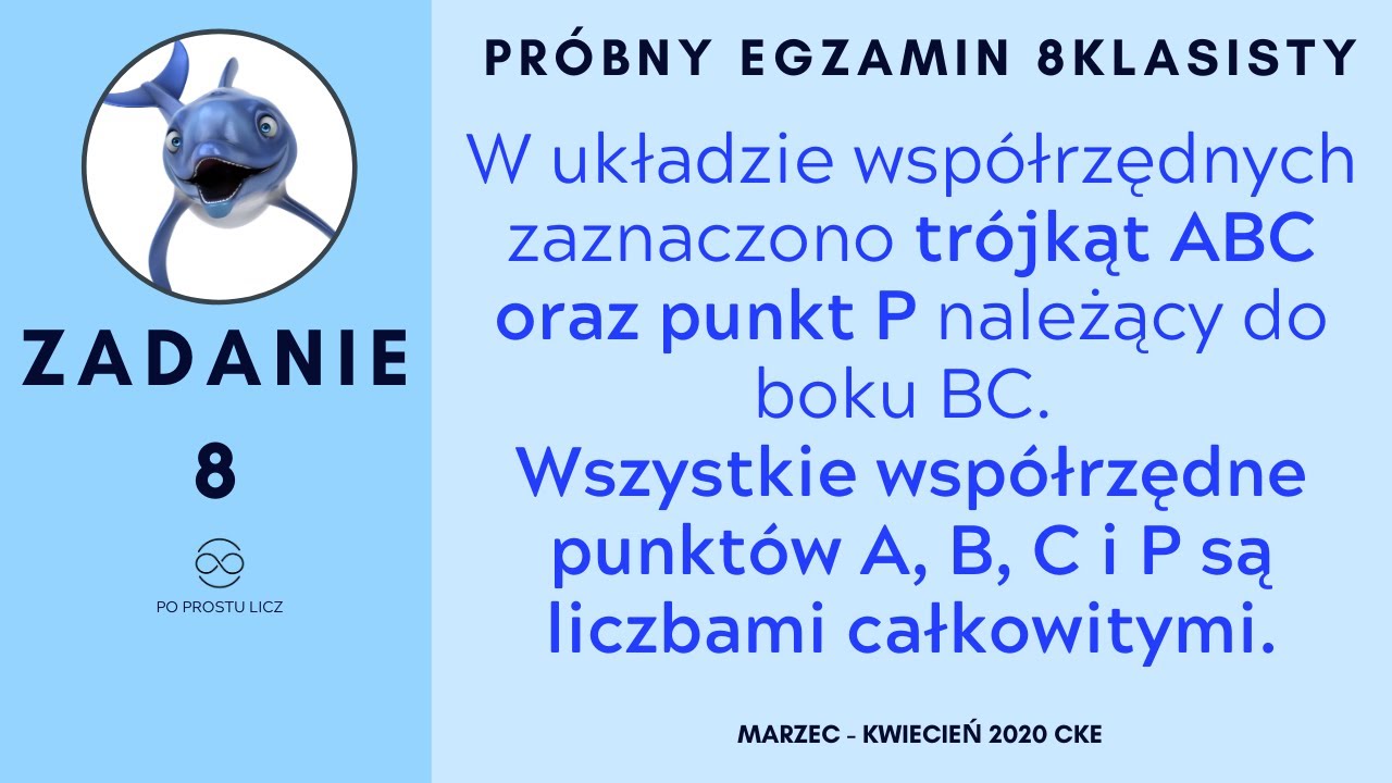 W układzie współrzędnych zaznaczono trójkąt ABC oraz punkt P należący do boku BC.