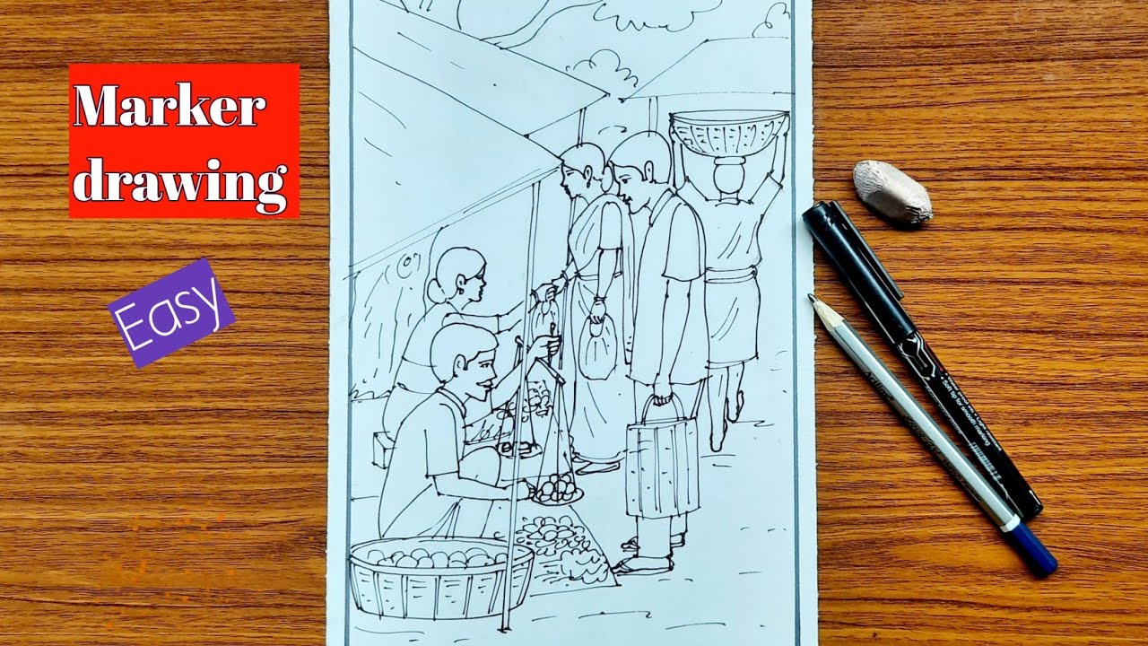 Vegetables market drawing | Village market drawing | Market drawing easy
