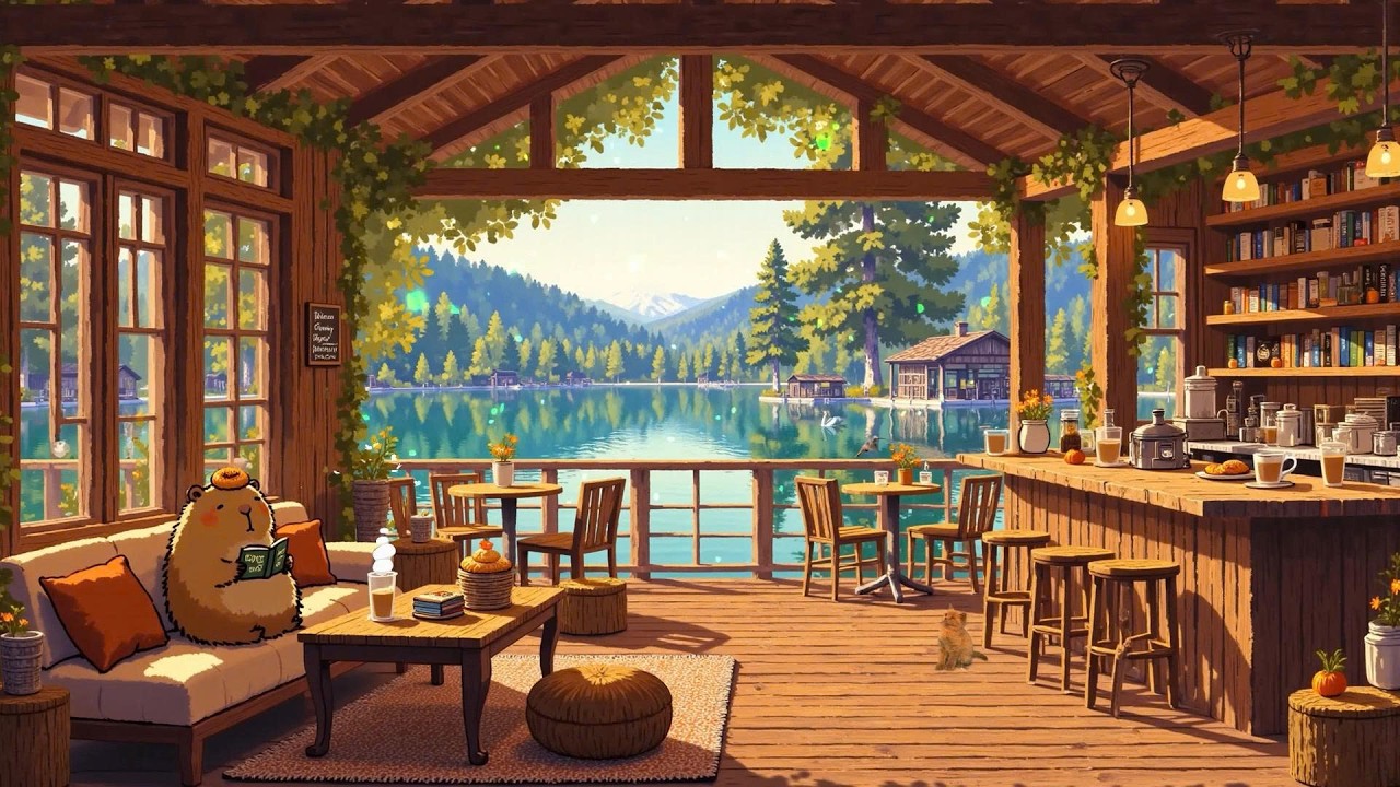 Smooth Morning Lofi Chill & Peaceful Lakeside Café with Capybara🌿Lofi Deep Focus to study/work/relax