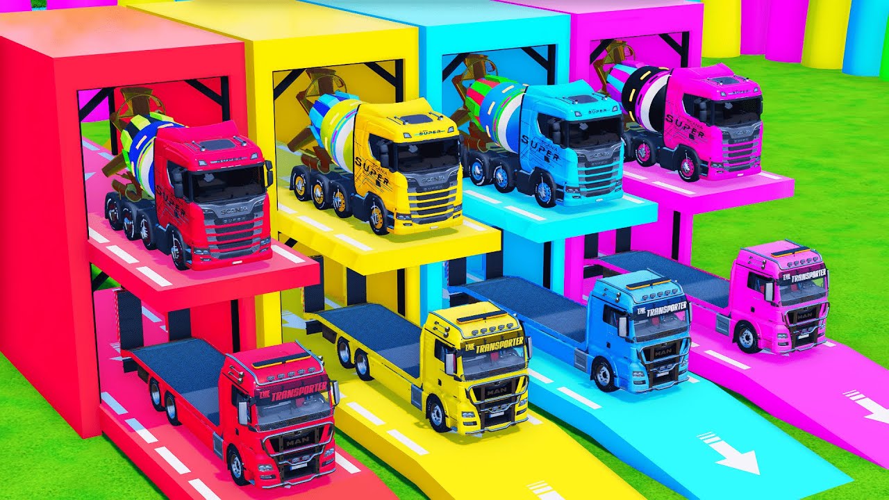 Garage with Colors - ALL MIXER TRUCK WITH DOUBLE FLATBED TRAILER TRUCK, KAMAZ, MAN, MACK FS22 #10