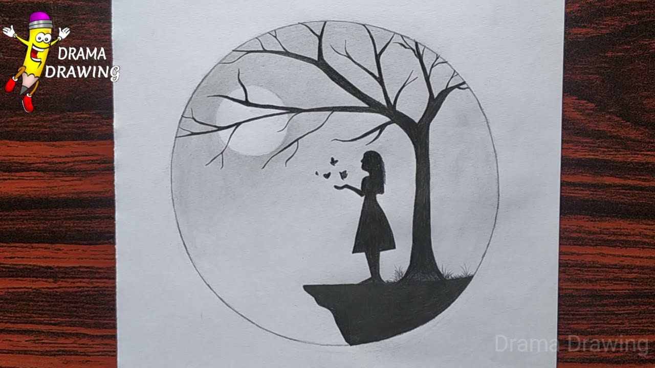 Lonely girl in tree with moon/black art pencil drawing/Gowtham