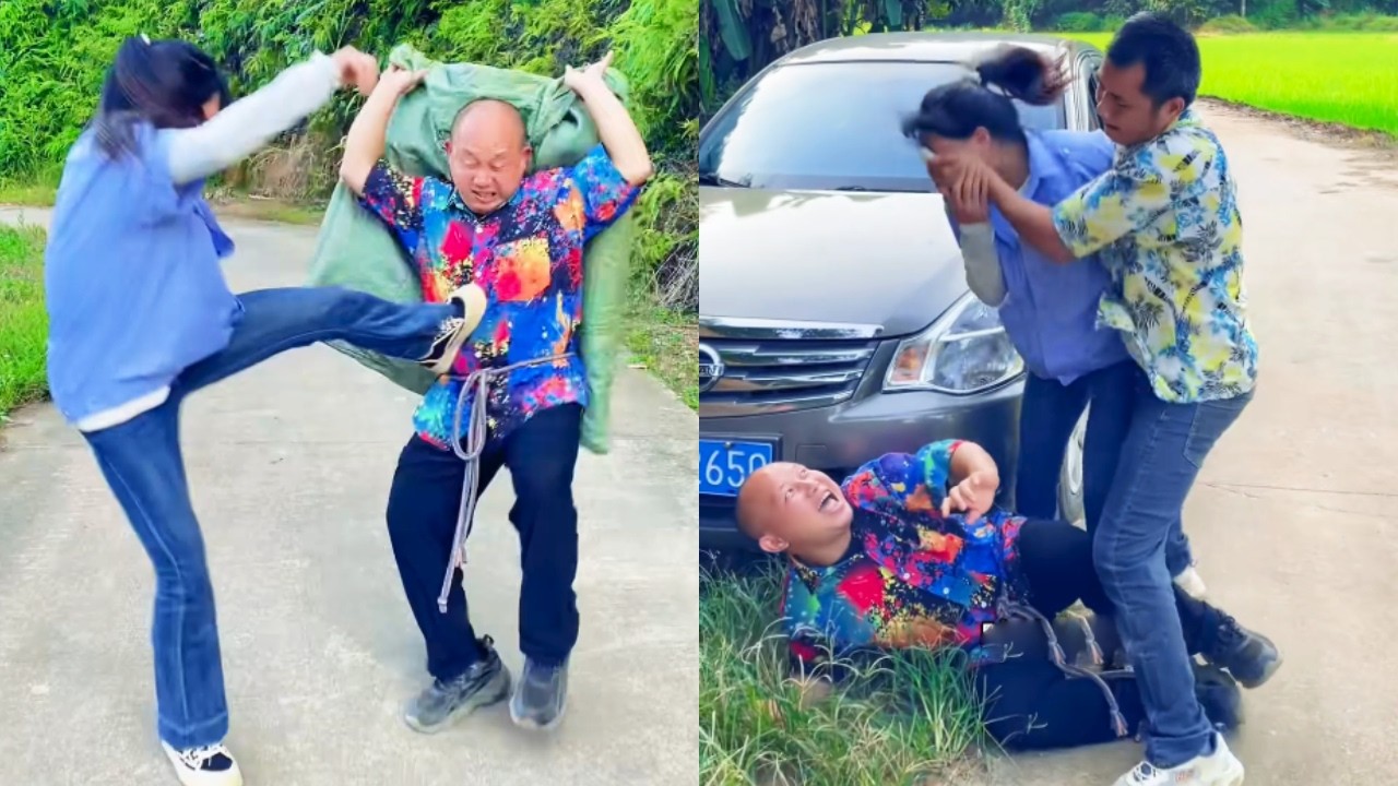 美女保安一脚踹飞人贩子将其缉拿归案，谁料误入他们圈套被迷晕绑架，还好正义路人及时赶到一脚踹飞，一拳暴揍打晕人贩子！#funny #内涵段子 #drama #农村生活 #精彩影视 #comedy