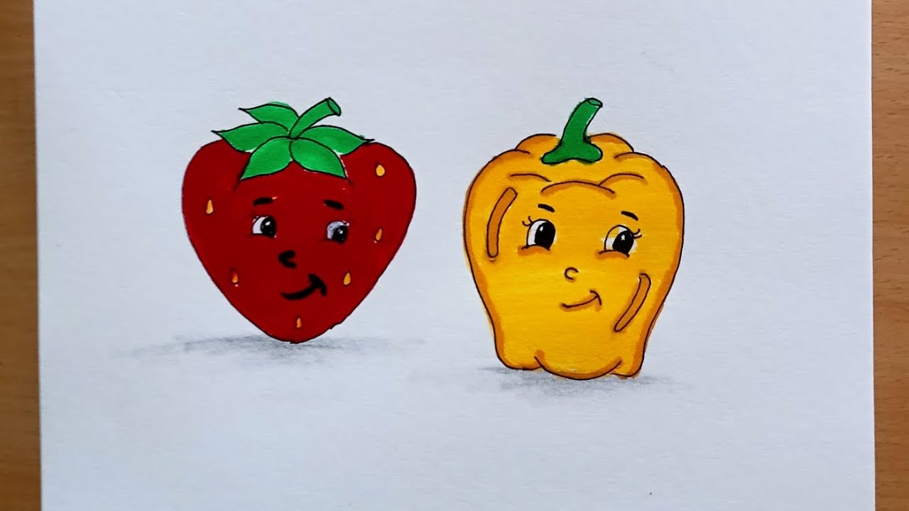 Strawberry and Capsicum Cartoon Drawing Step by Step.... @