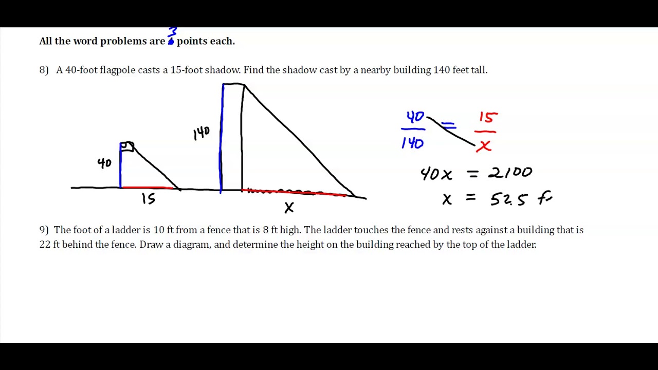 7.1 - 7.3 Geometry Quiz Solution Video - Similar Triangles and Indirect Measurement