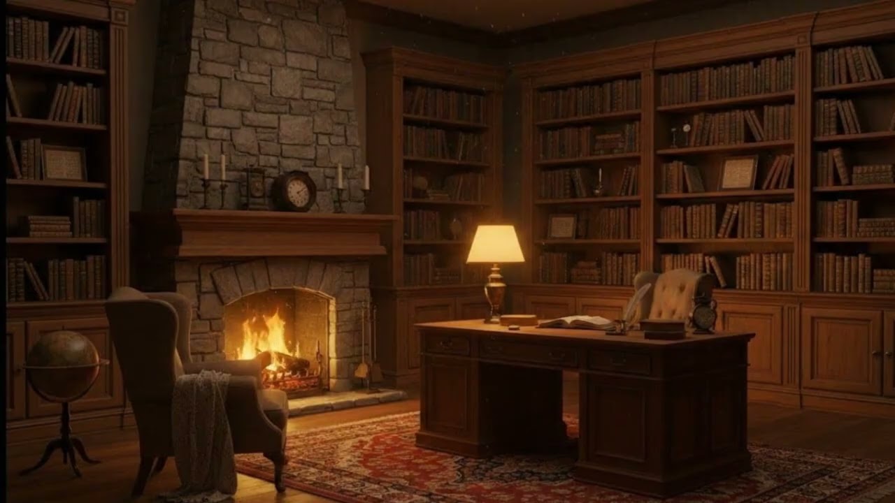 Cozy Fireplace Library Ambience – Warm Study Room with Crackling Fire & Vintage Bookshelves