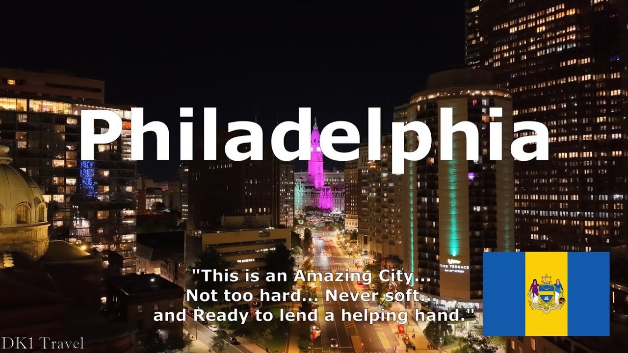 Drone View of Philadelphia Skyline at Night