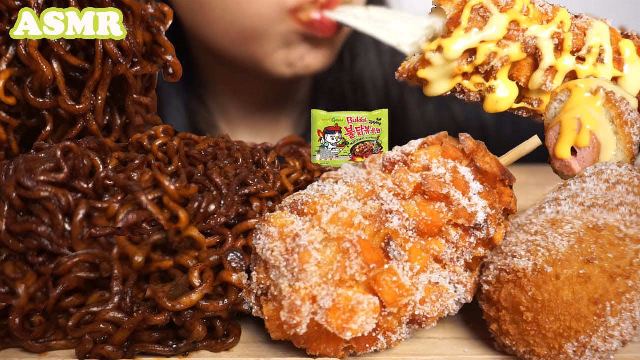 ASMR Samyang Black Bean FIRE Noodles & MOZZARELLA Corn Dog | Eating Sounds