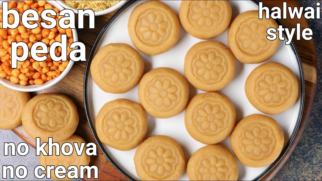 besan coconut peda recipe - no khoya, no sugar syrup | besan coconut barfi peda with milk powder