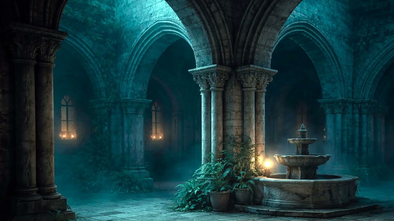 Medieval Abbey Corridor at Night | Medieval Sleep Ambience (1 Hour)