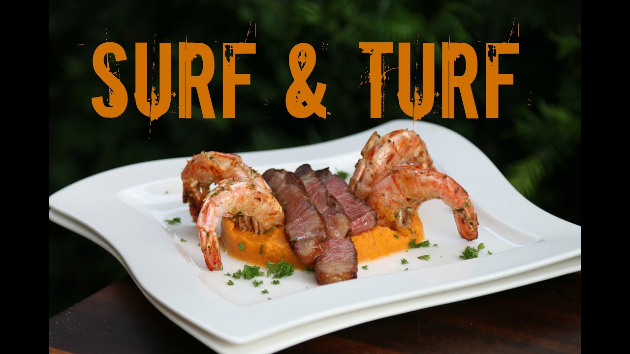 Surf & Turf - Wagyu Ribeye Steak & Garnelen auf Süßkartoffelstampf