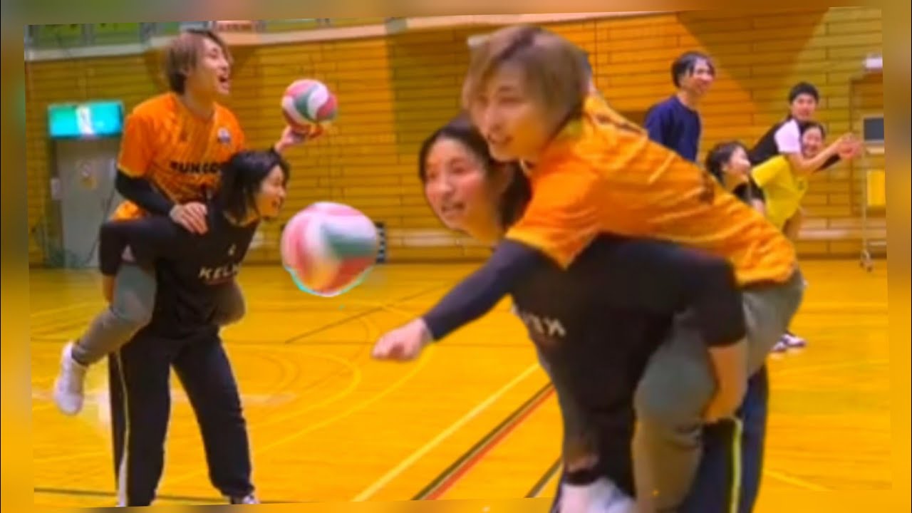 Lift And Carry // 3 girls carrying their male partners in a volleyball match 