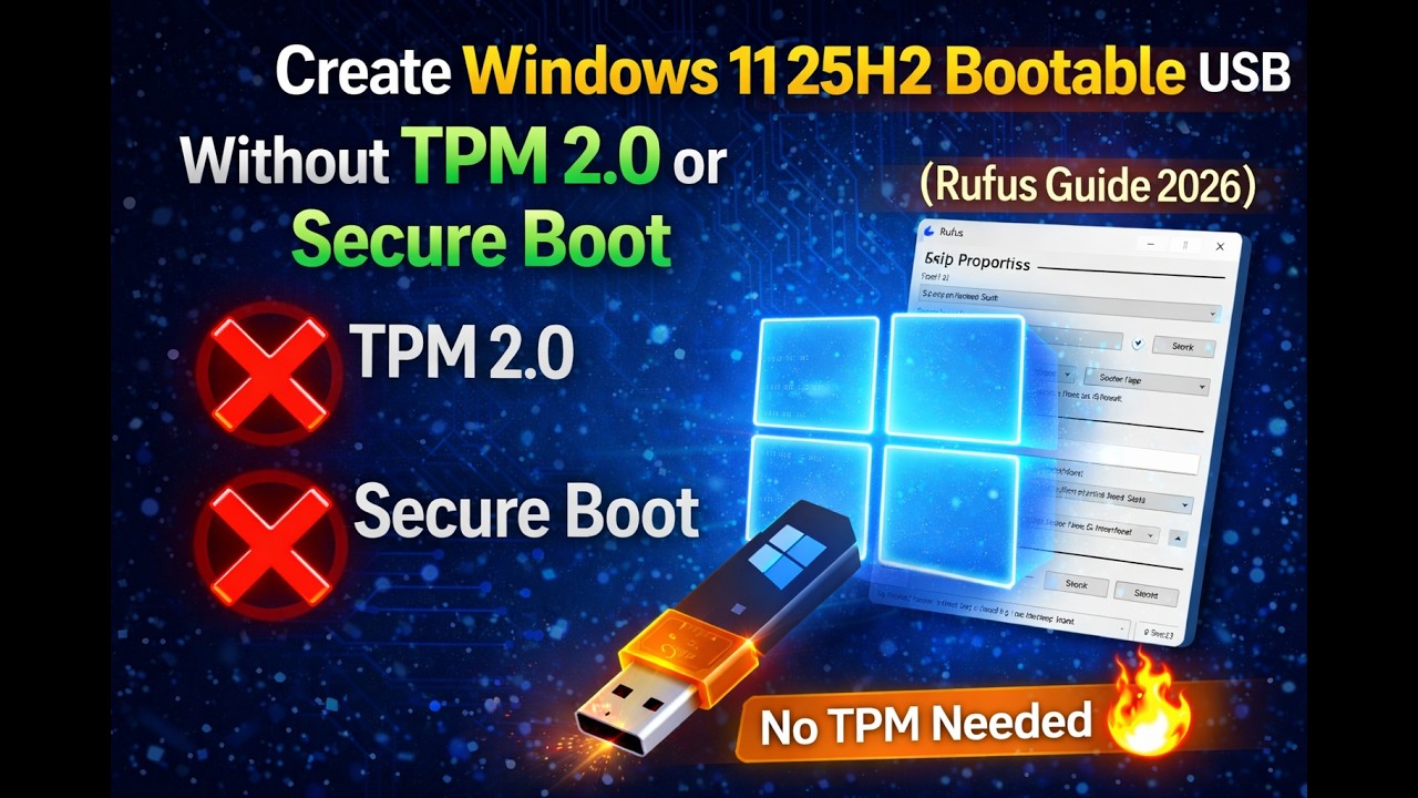 Create Windows 11 25H2 Bootable USB Without TPM 2.0 or Secure Boot (Rufus Guide 2026)