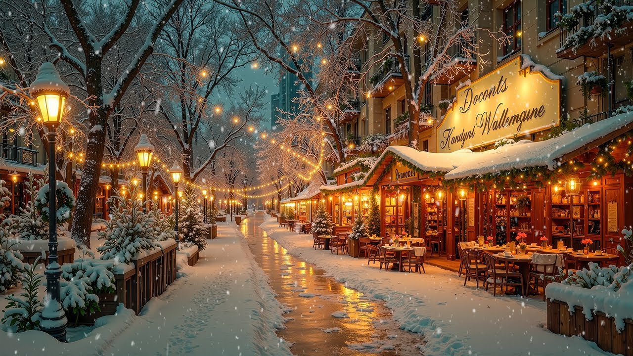 Romantic Winter Jazz ❄️ European Coffee Street at Night with Warm Golden Lights for Relax & Focus