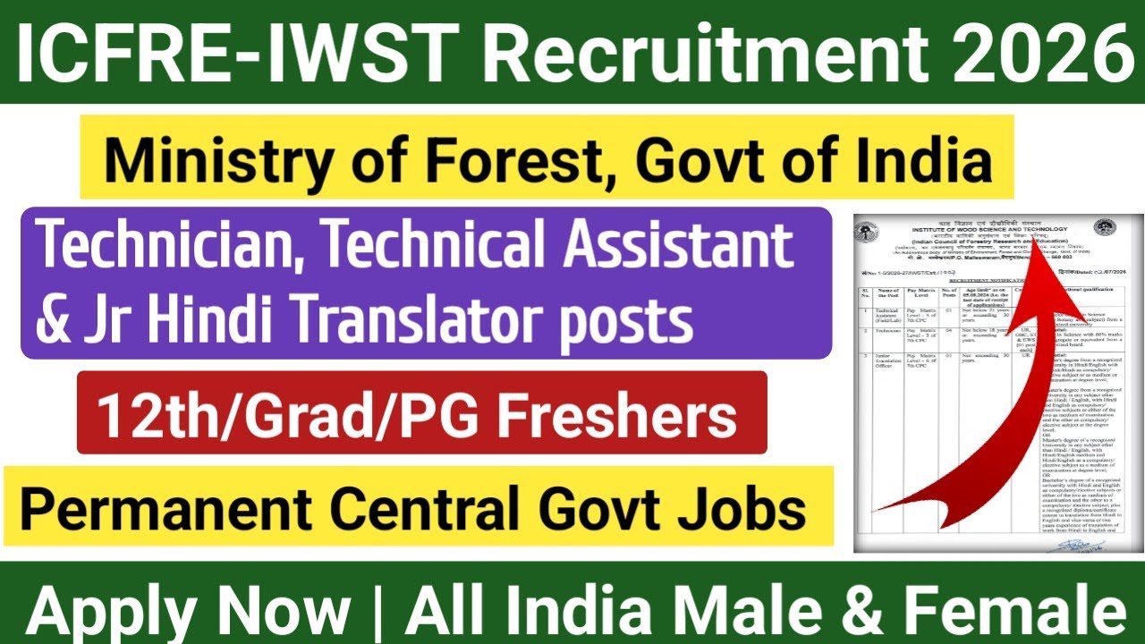 🚨ICFRE-IWST Recruitment 2026 Out 📢 Permanent Central Govt Jobs| 12th/Grad/PG Freshers