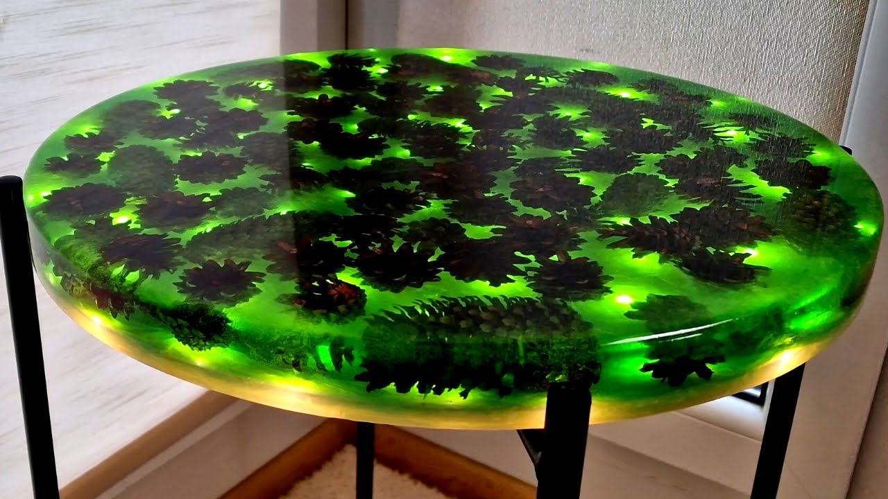 Epoxy Table of Pine Cones and LED  Gold Edition