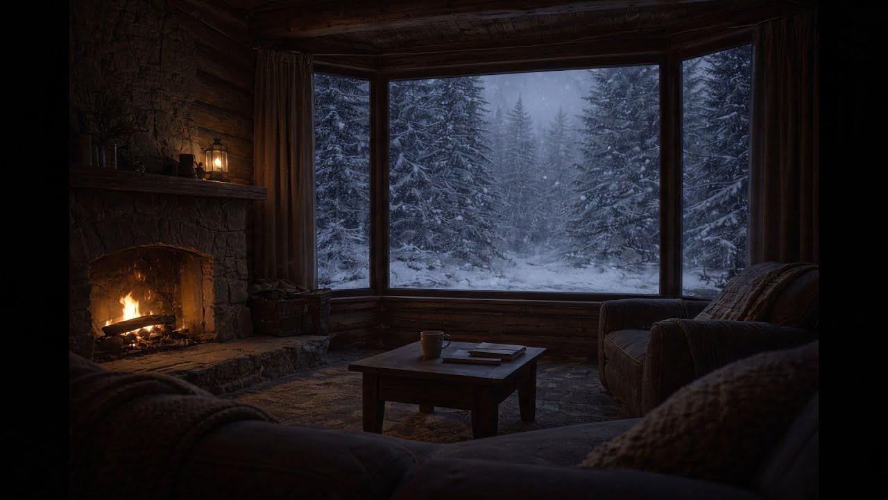 POV: A Quiet Winter Night in a Snowy Cabin | Fireplace Sounds for Sleep