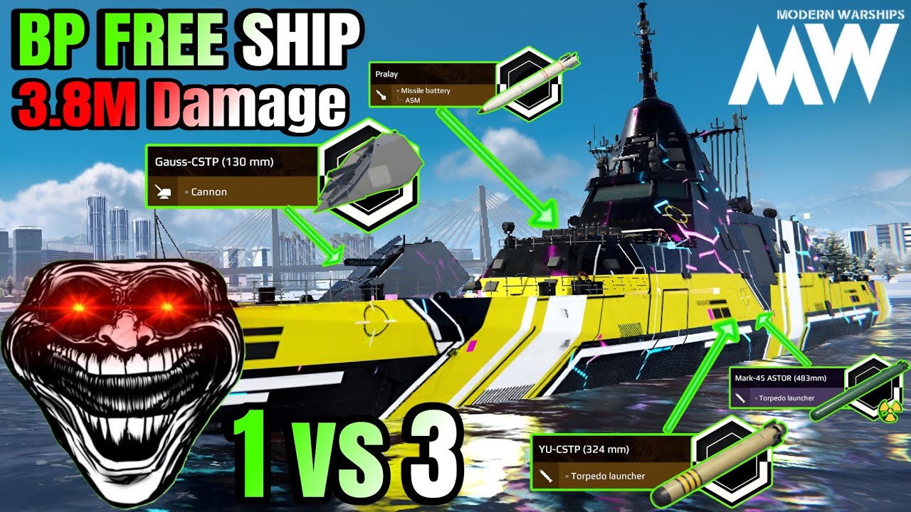 Free BP Ship With 1 vs 3 Clutch 🔥 3.8M Damage Gameplay ☠️ - Modern Warships 