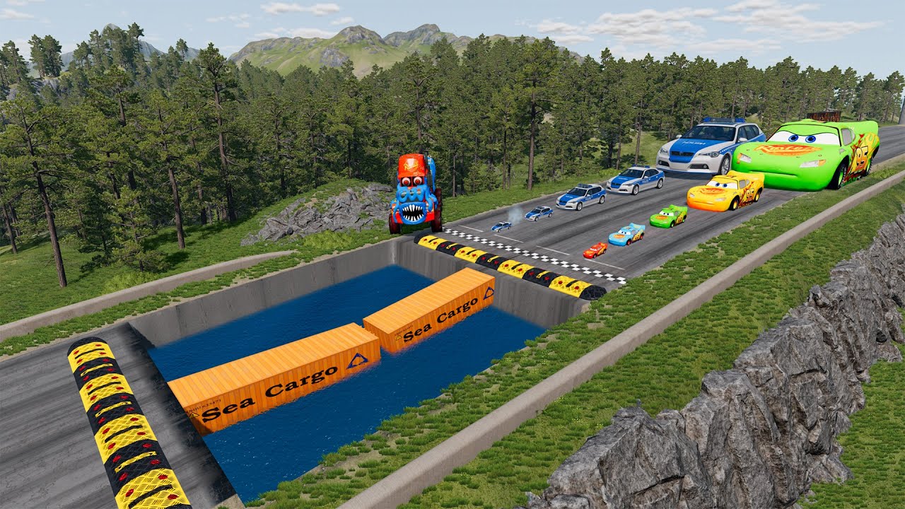 Big & Small McQueen & Police Car vs Zombie Mack, Giant Water Pit & Speed Bumps Downhill Race|BeamNG