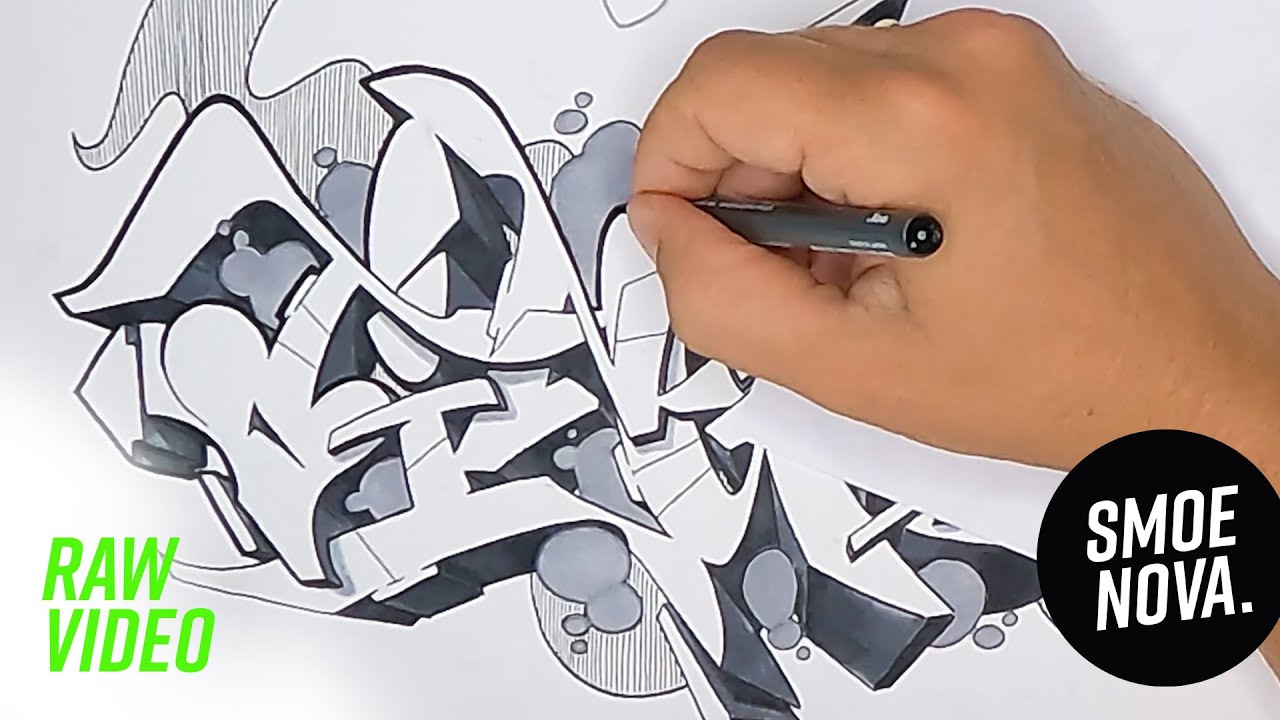 Full Graffiti Lettering Process - Flowing Black and White Sketch of 