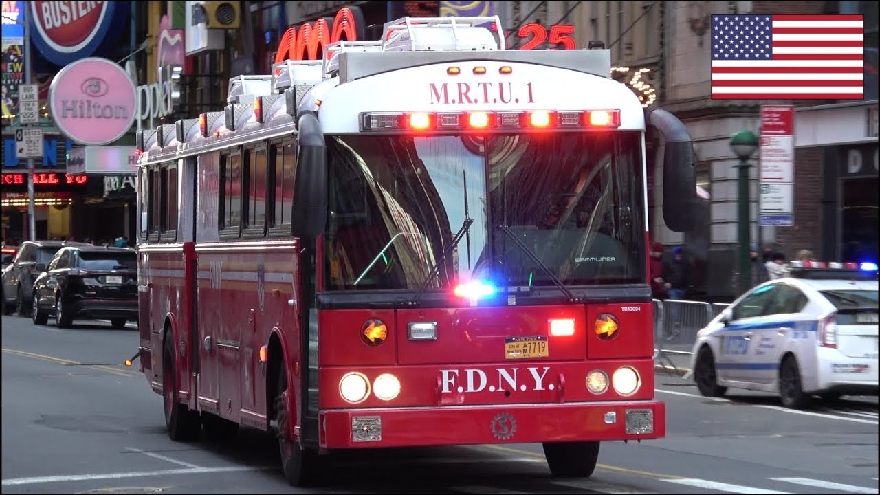 FDNY EMS Ambulance bus responding with air horn, siren & lights