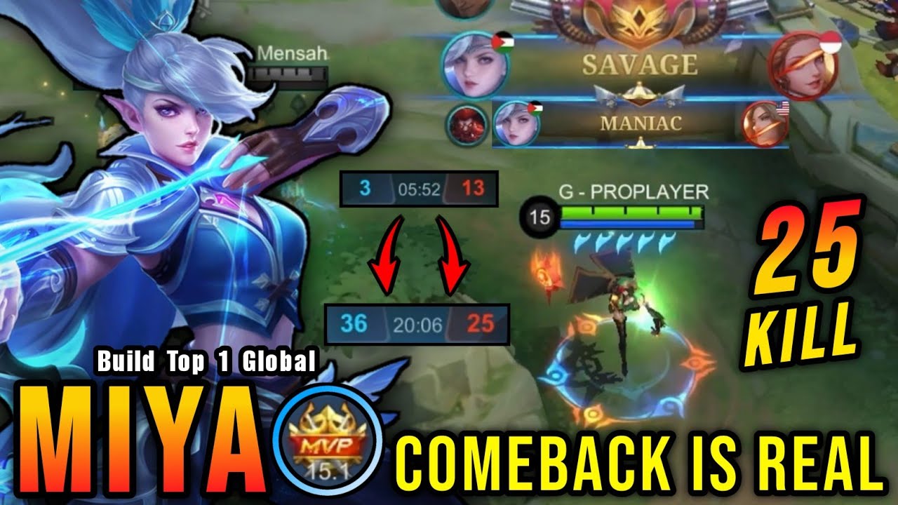 COMEBACK!! 25 Kills Miya Perfect SAVAGE!! - Build Top 1 Global Miya ~ MLBB