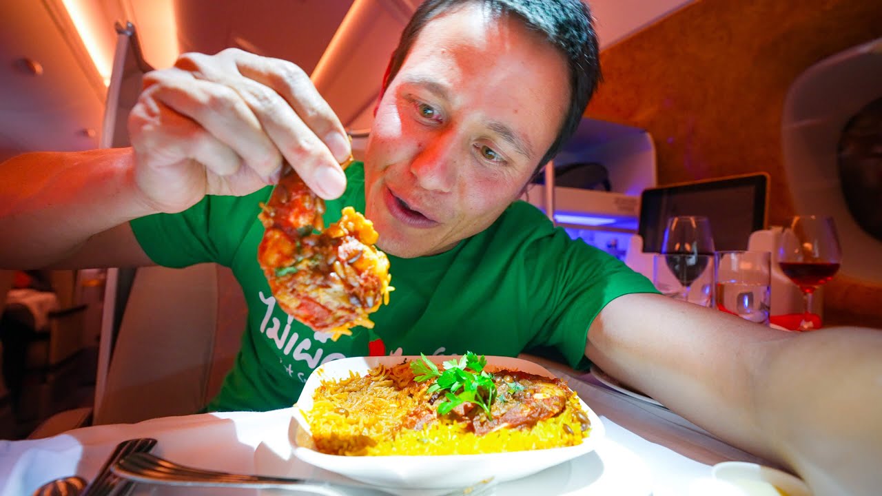 Emirates Food Review - HUGE SHRIMP MACHBOOS on Business Class!! | LA to Dubai