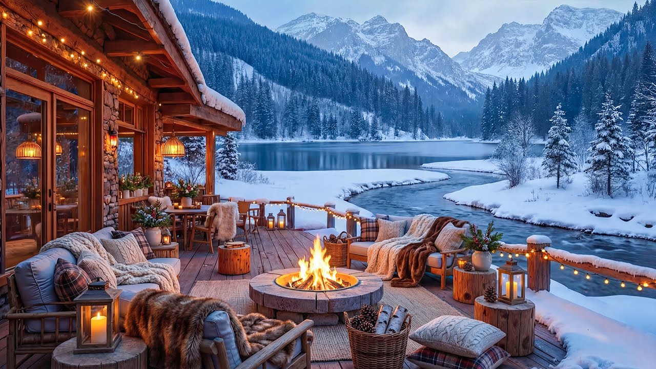 Relaxing Winter Piano Music ❄️Winter Porch, Fireplace Sounds with Gentle Snowfall for Work & Study