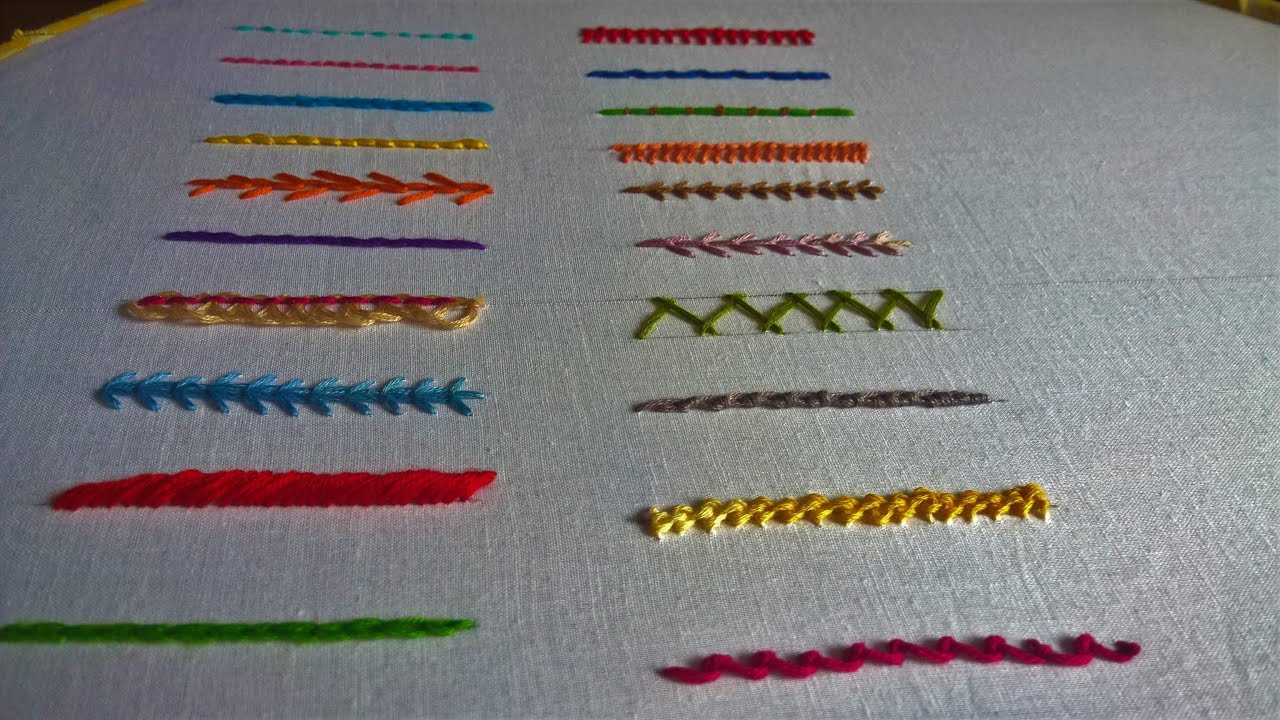 Hand embroidery,  20 hand embroidery stitches tutorial for beginners guide step by step.