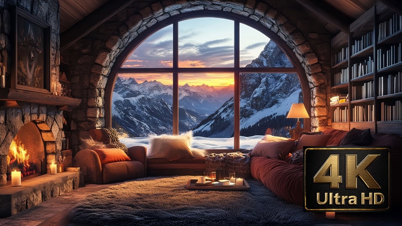 Cozy 4K Mountain Sunset Ambience | Snowfall & Fireplace for Relaxation & Sleep