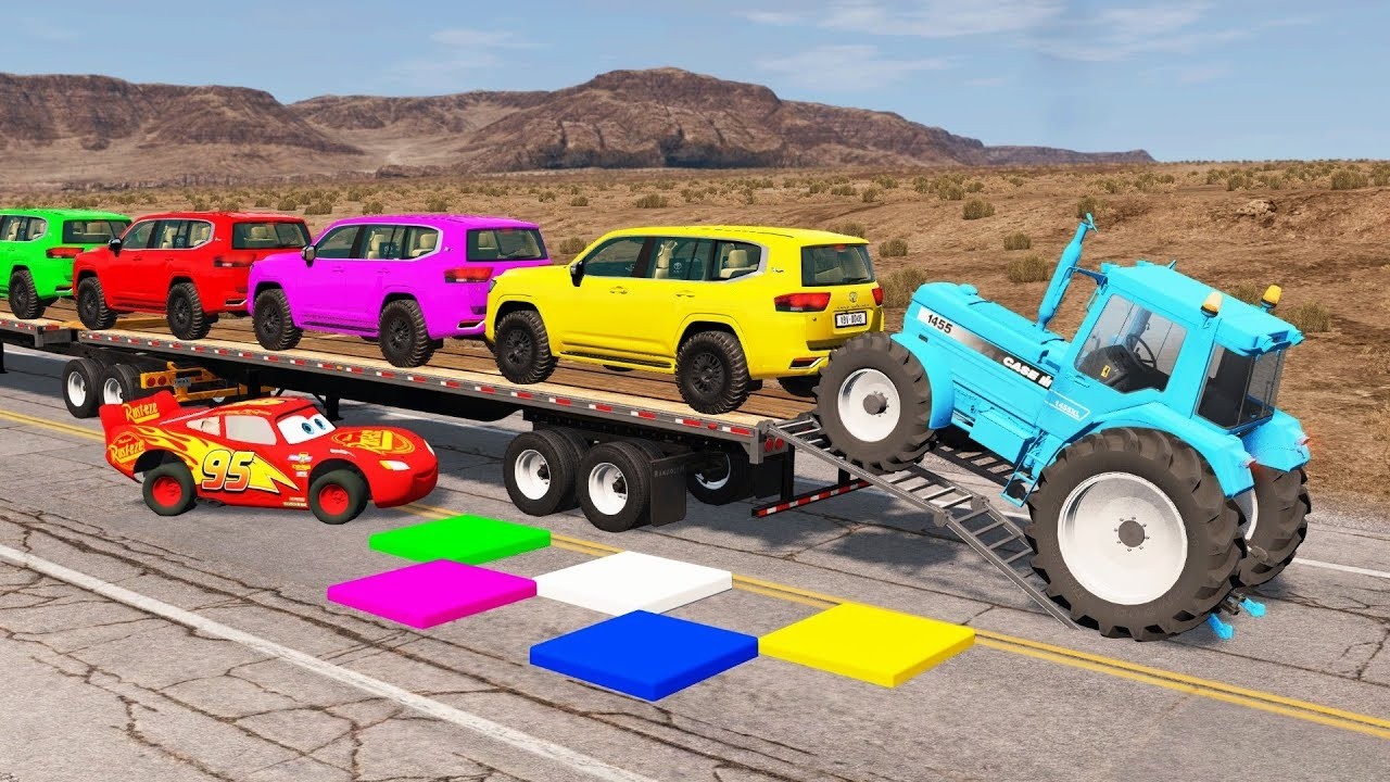 Flatbed Truck McQueen | Transportation with Truck - Pothole vs Car #91 | BeamNG.Drive Gameplay
