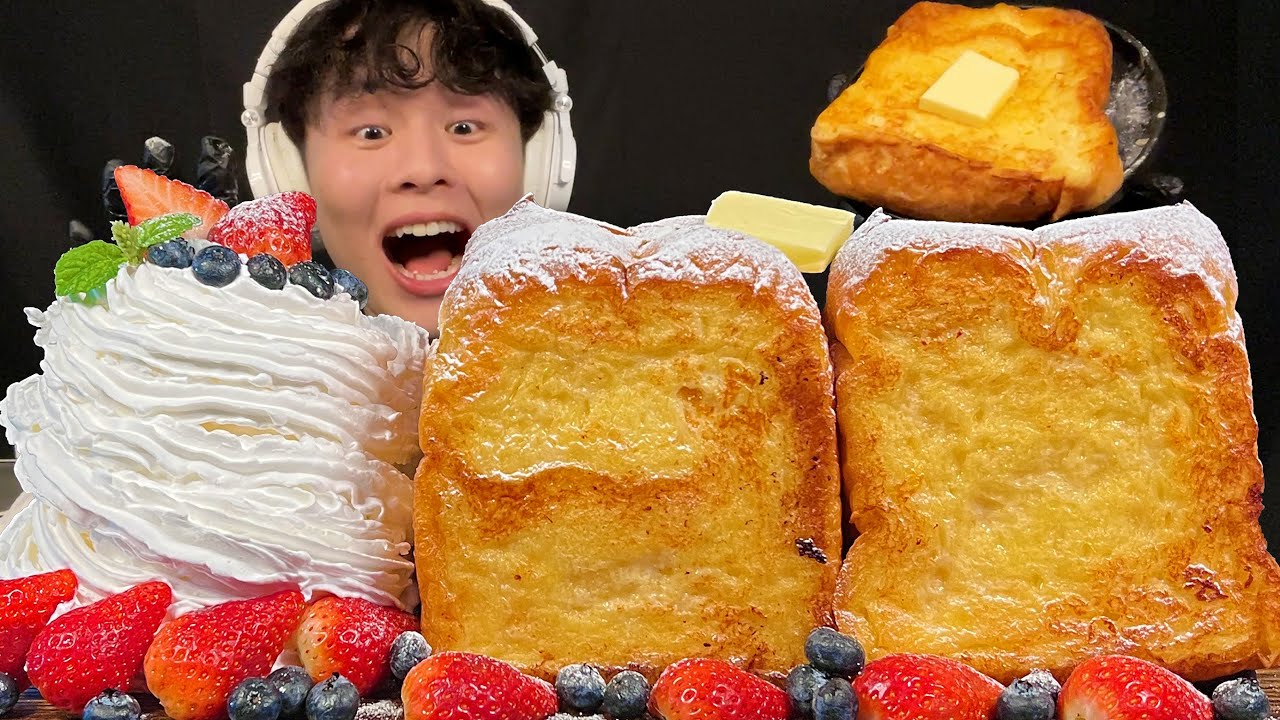 【ASMR】巨大フレンチトースト&山盛りホイップクリーム‼️【咀嚼音/mukbang/Eating Sounds】