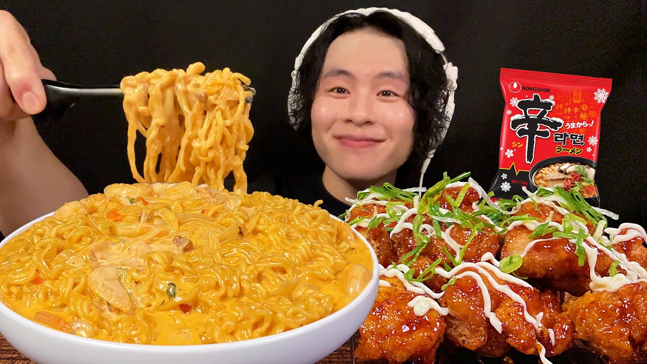 ASMR エビクリーム辛ラーメン&BBQチキン‼️【咀嚼音/mukbang/Eating Sounds】