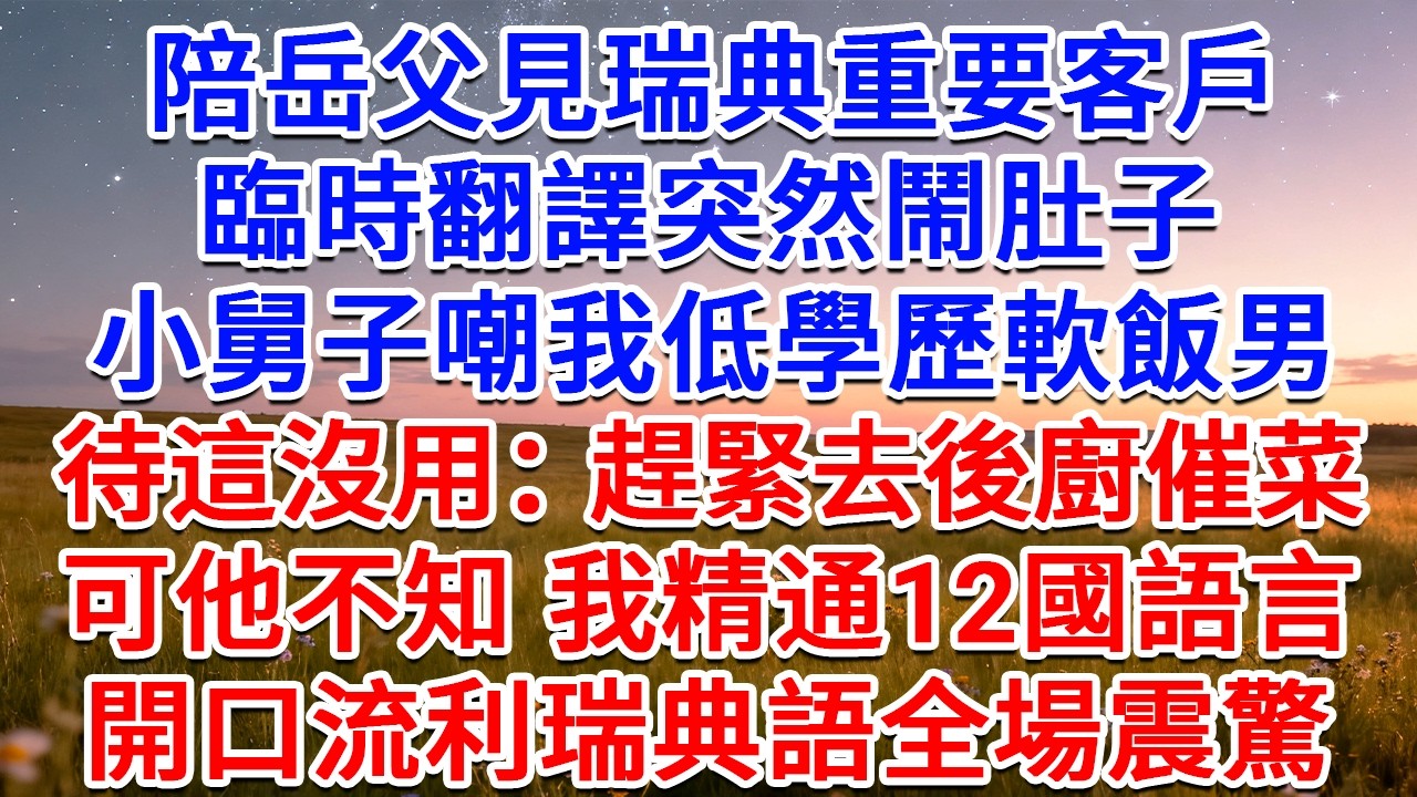 陪岳父見瑞典重要客戶，臨時翻譯突然鬧肚子，小舅子嘲我低學歷軟飯男待這沒用：趕緊去後廚催菜！可他不知，我精通12國語言，開口流利瑞典語全場震驚！#為人處世 #生活經驗 #情感故事 #故事 #小說