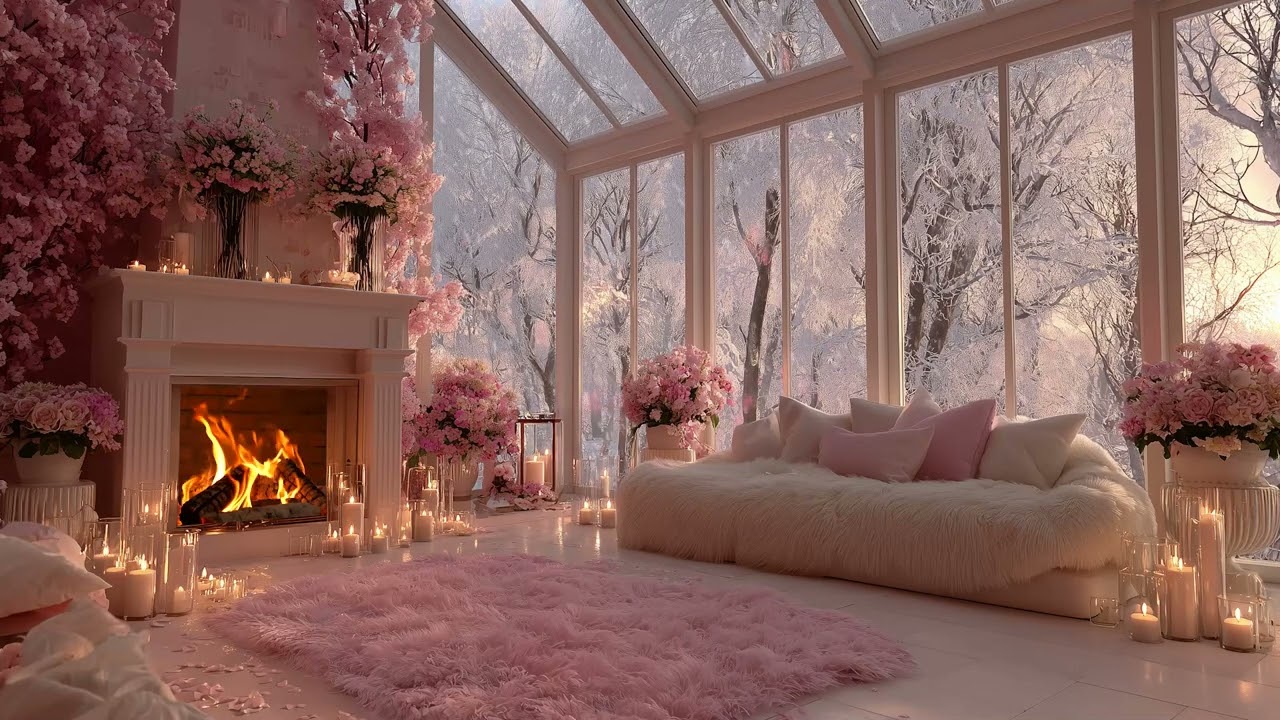 Romantic Winter Ambience with Firelight and Snow Outside Creating an Intimate Escape