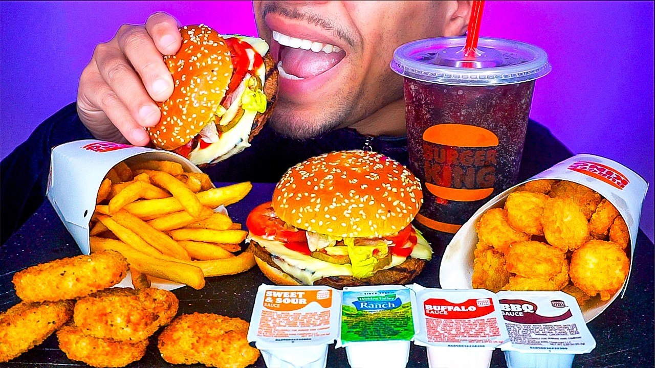 ASMR BURGER KING CHICKEN NUGGETS IMPOSSIBLE WHOPPER CHEESE HASH BROWNS JERRY EATING SOUNDS MUKBANG