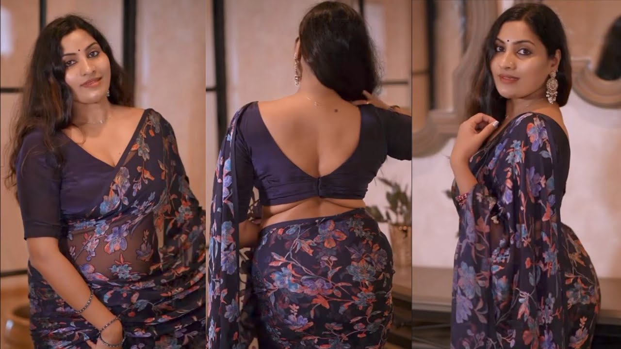 Black Chiffon Saree With Multi - Colour floral Digital Print Back Pose Saree Plus Size Look