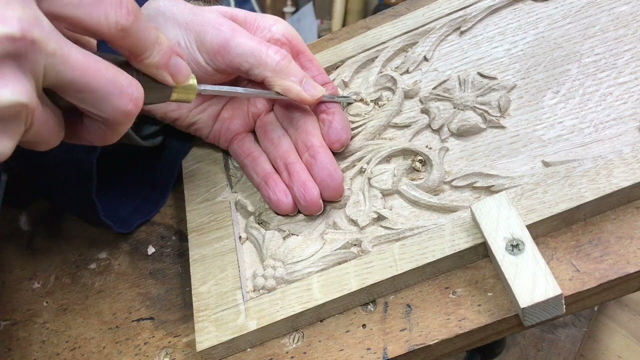 A S M R Carving an arts and crafts oak panel.