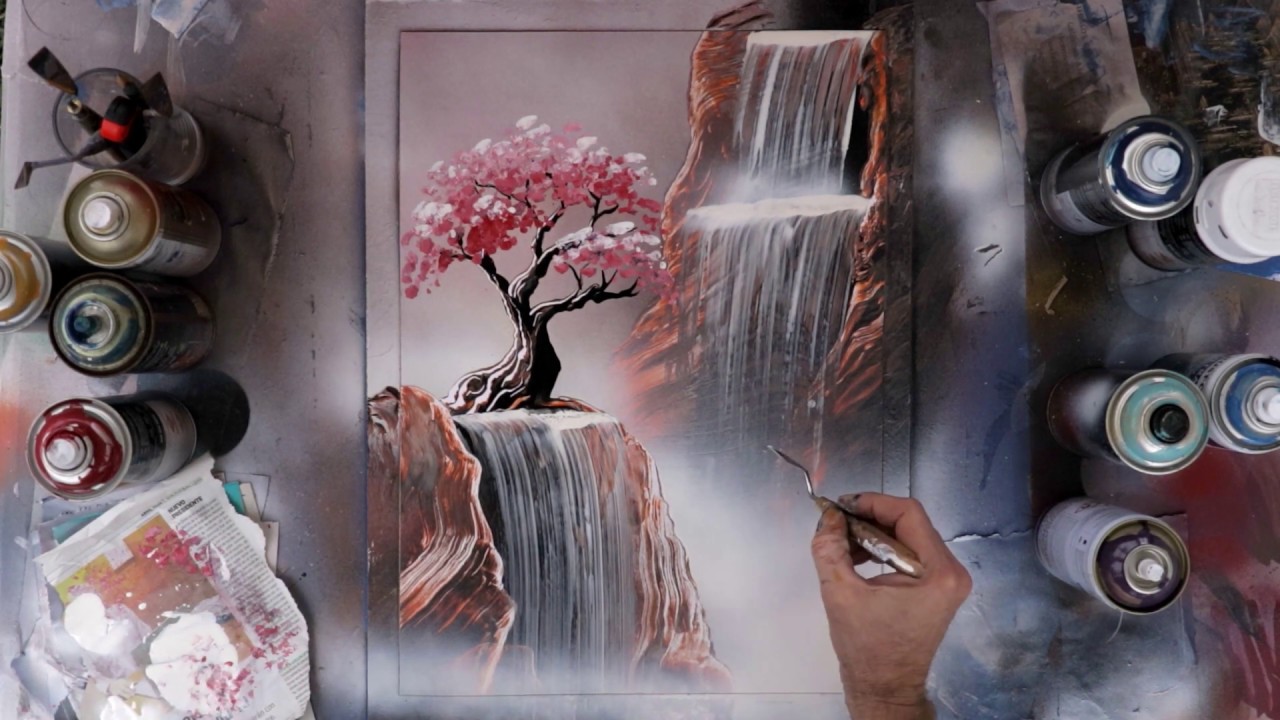 Spray paint art (FAST! tutorial). Paisaje Oriental ocre monocromo #1