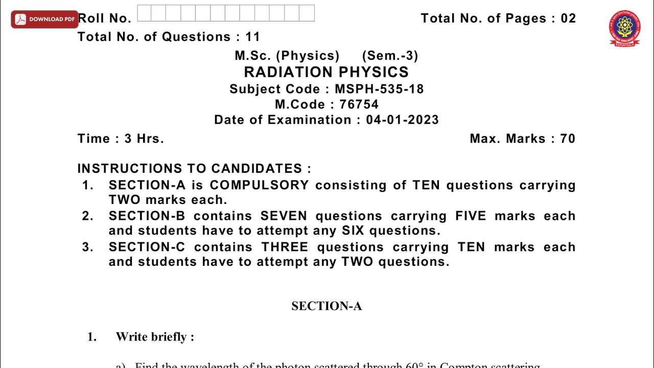 MSC 3RD SEM PHYSICS RADIATION PHYSICS JAN 2023 | PTU