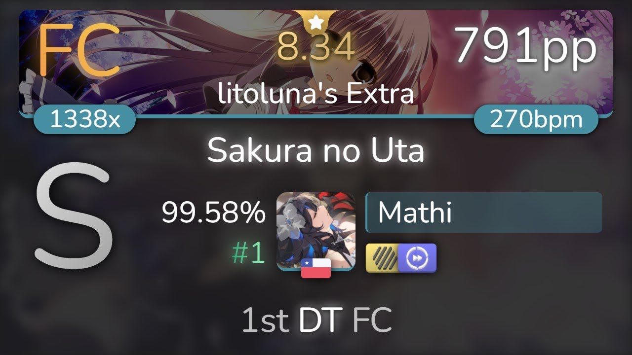 Mathi | Hana - Sakura no Uta [litoluna's Extra] 1st +HDDT FC 99.58% {#1 791pp FC} - osu!